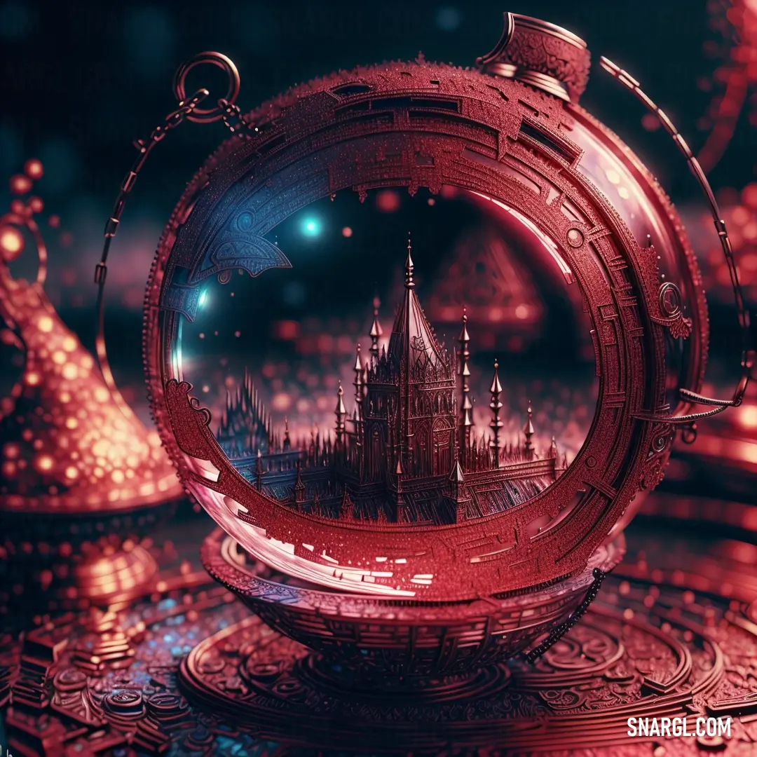 Glass ball with a castle inside of it on a table top with a clock on it and a red light shining on the top