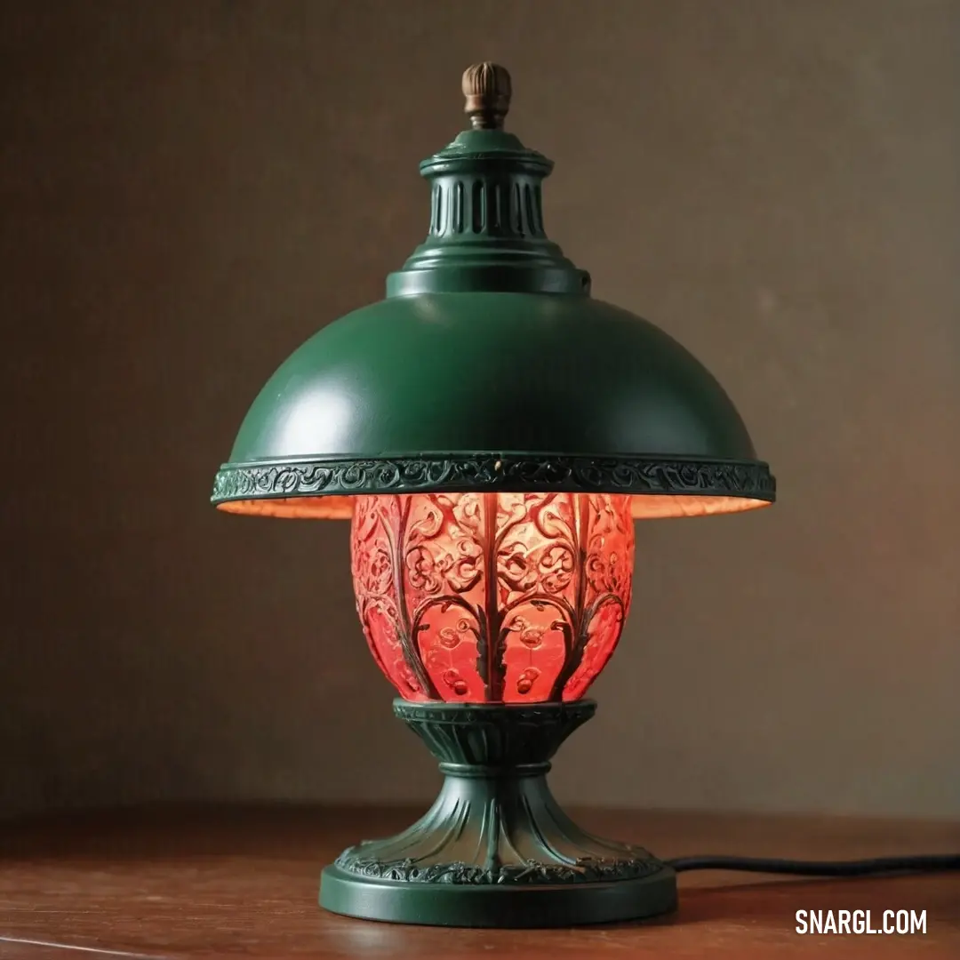 A green lamp casts a warm red light in a dimly lit room, resting on a table next to a wall. The glowing red hue of Alizarin crimson enhances the atmosphere, creating a cozy yet dramatic mood.