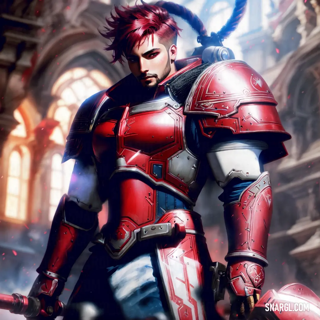 Man in a red armor holding a sword in a city setting with a clock tower in the background