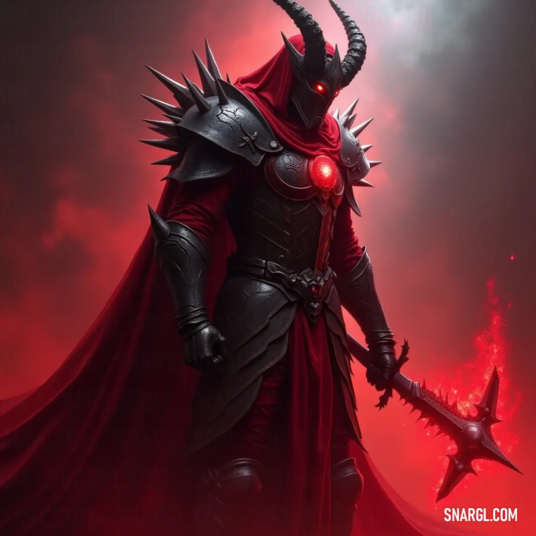 An imposing figure stands valiantly, clad in a flowing red cape and a horned helmet, wielding a sword in one hand and a shield in the other, ready to defend against unseen foes.