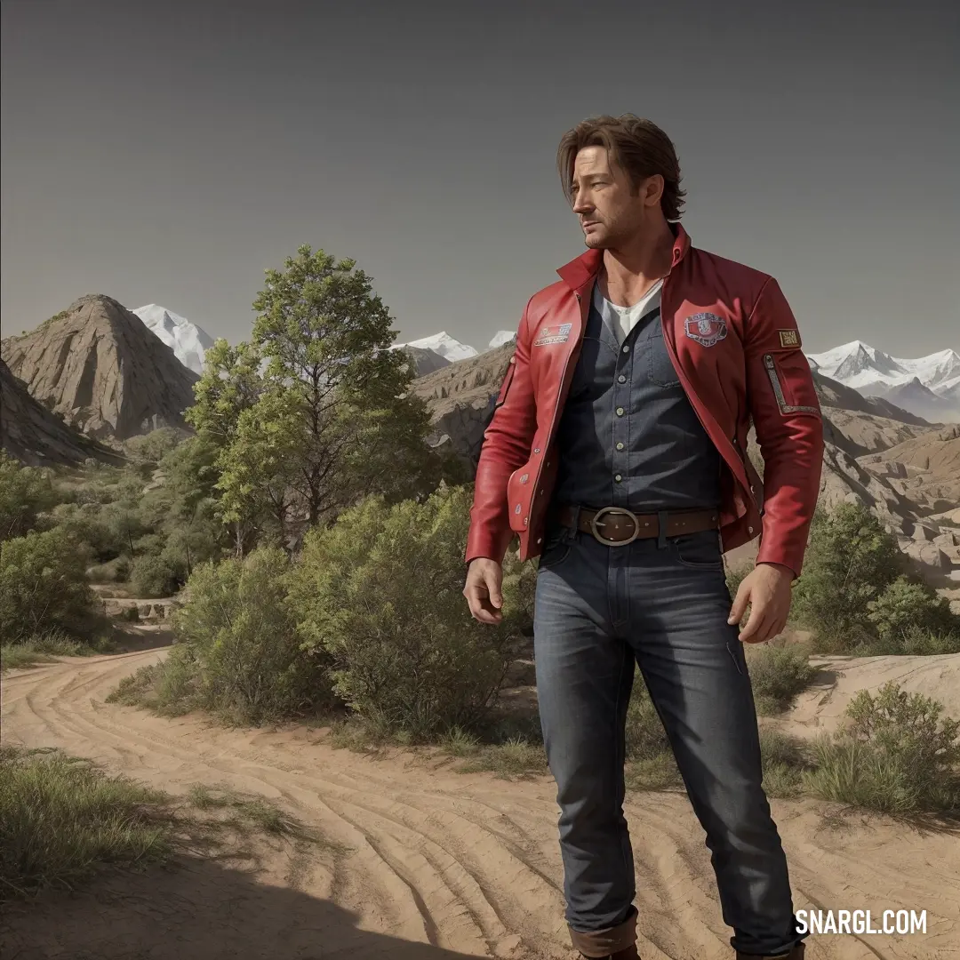 Man in a red jacket and jeans standing on a dirt road in the desert with mountains in the background