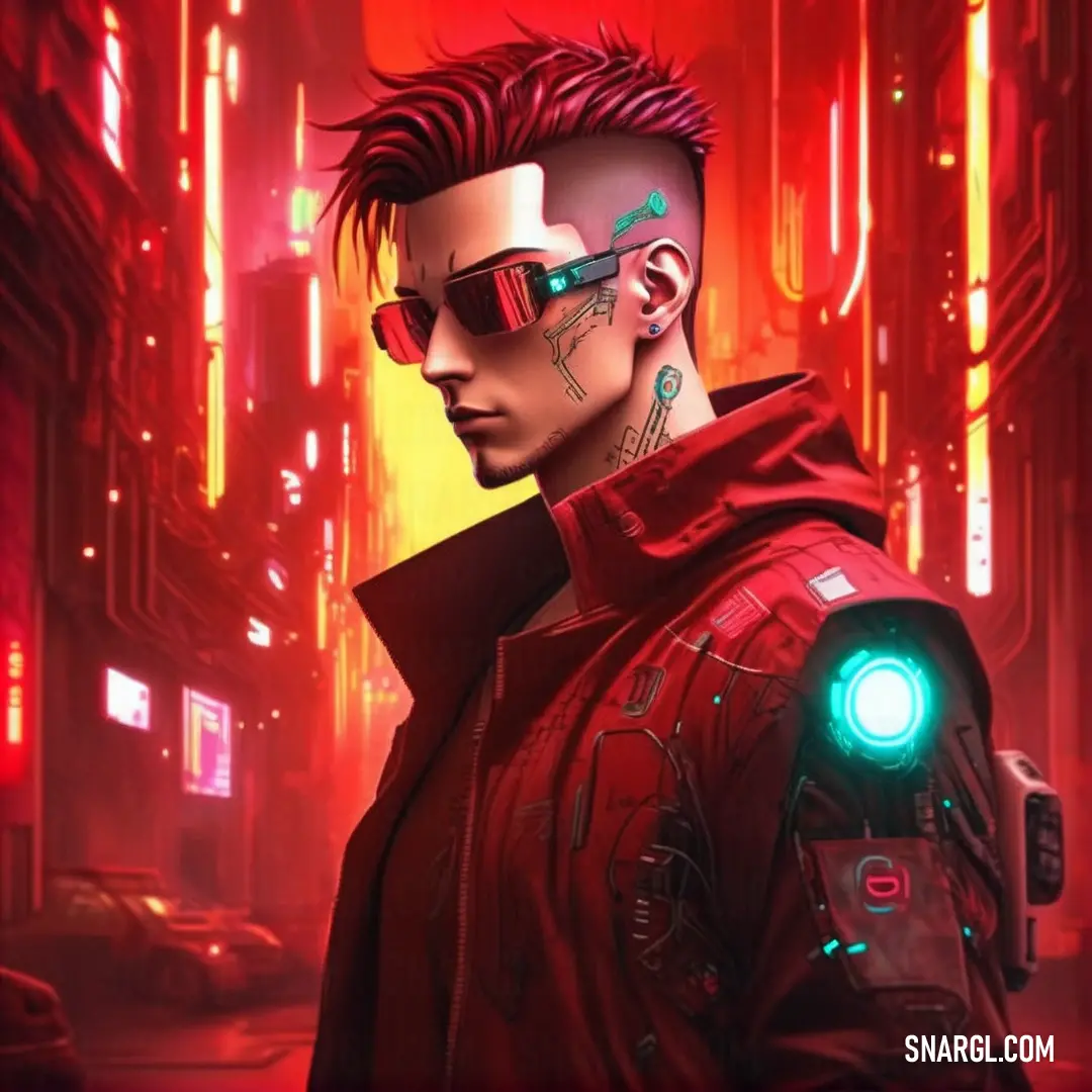 Man with a futuristic look and a red jacket on in a futuristic city with neon lights
