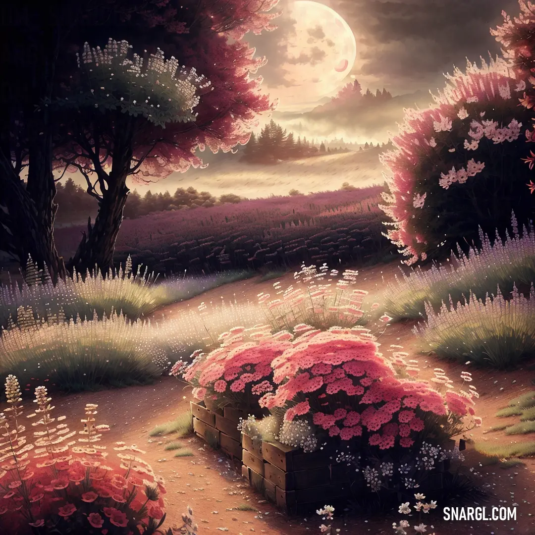 Painting of a landscape with flowers and a full moon in the background with a path leading to a forest