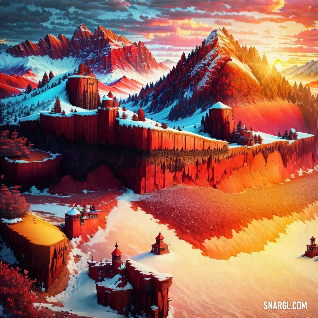 Painting of a mountain landscape with a sunset in the background and a red sky with clouds and a few snow