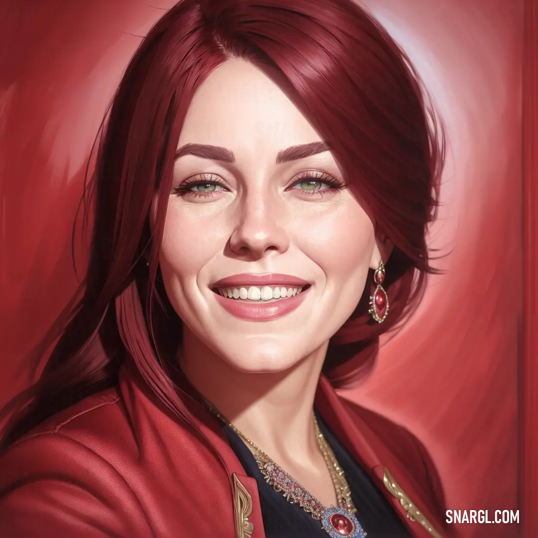 Painting of a woman with red hair and a red jacket on smiling at the camera