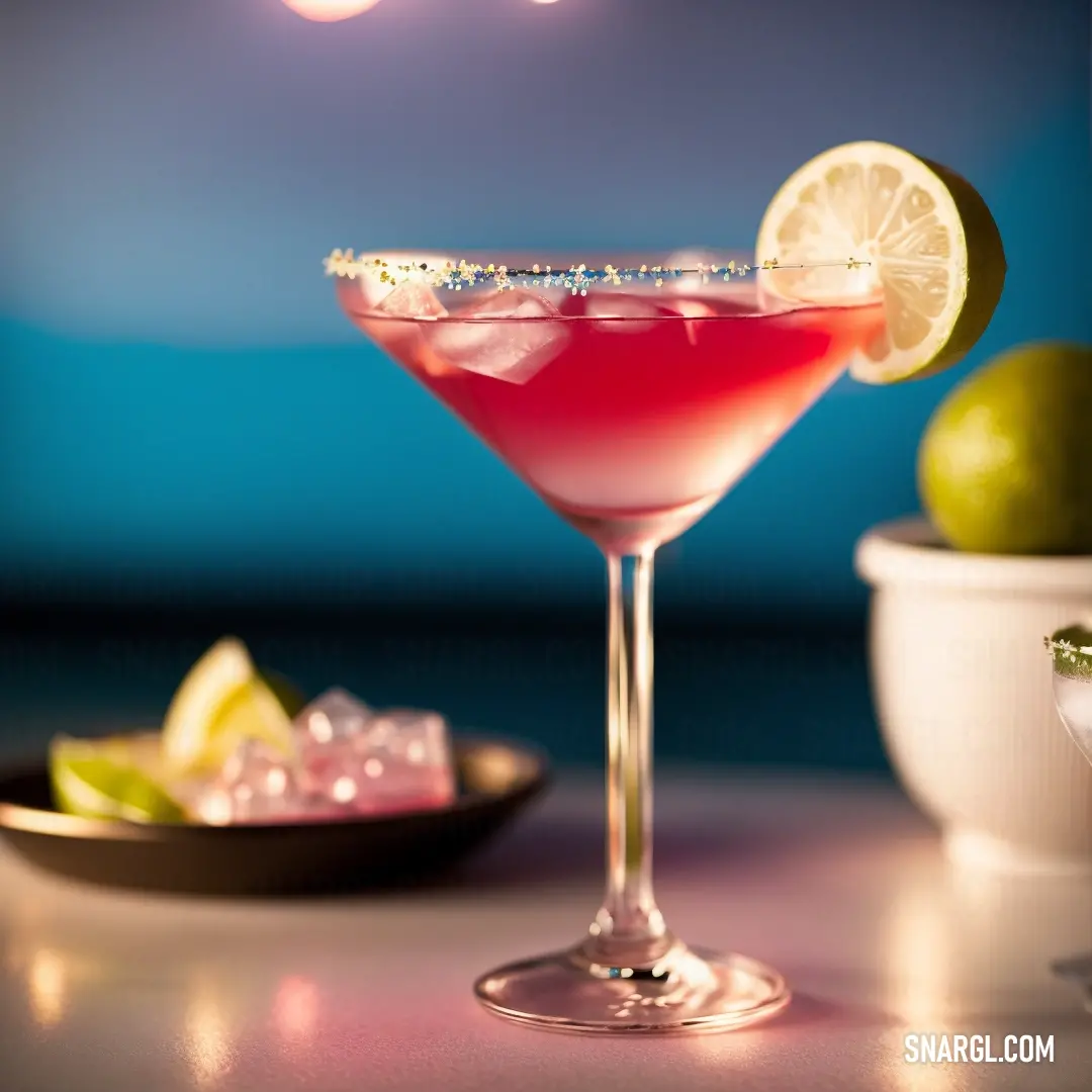 Pink cocktail with a lime slice on the rim and a bowl of limes and a bowl of limes. Color #E32636.