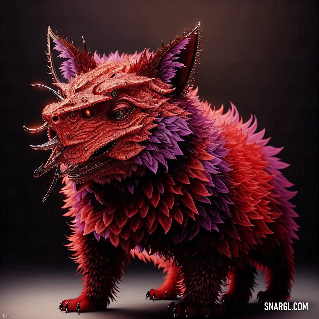 Red and purple creature with horns and eyes on a black background with a black background