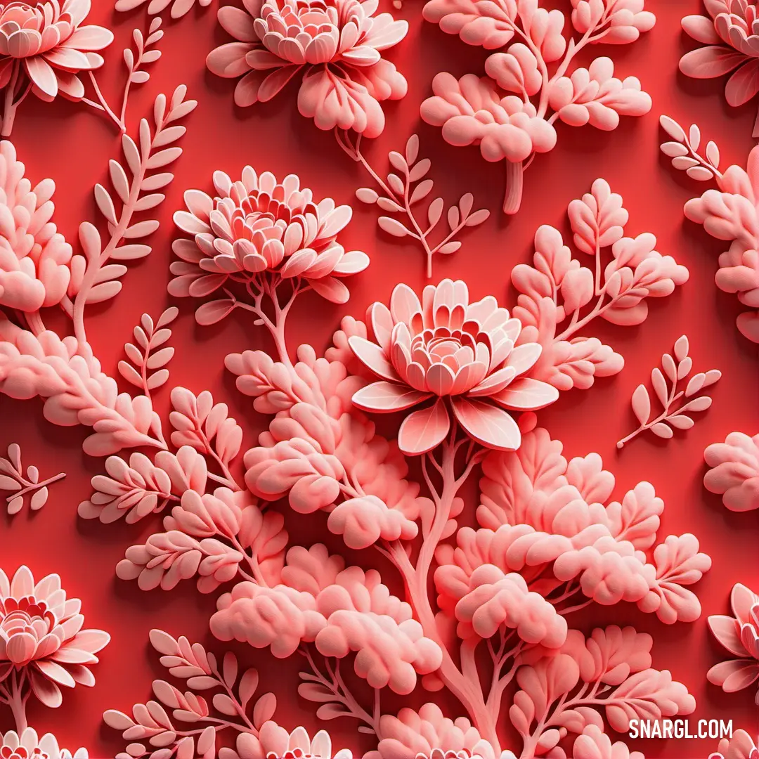 Red background with a bunch of pink flowers on it and leaves on it. Example of CMYK 0,83,76,11 color.