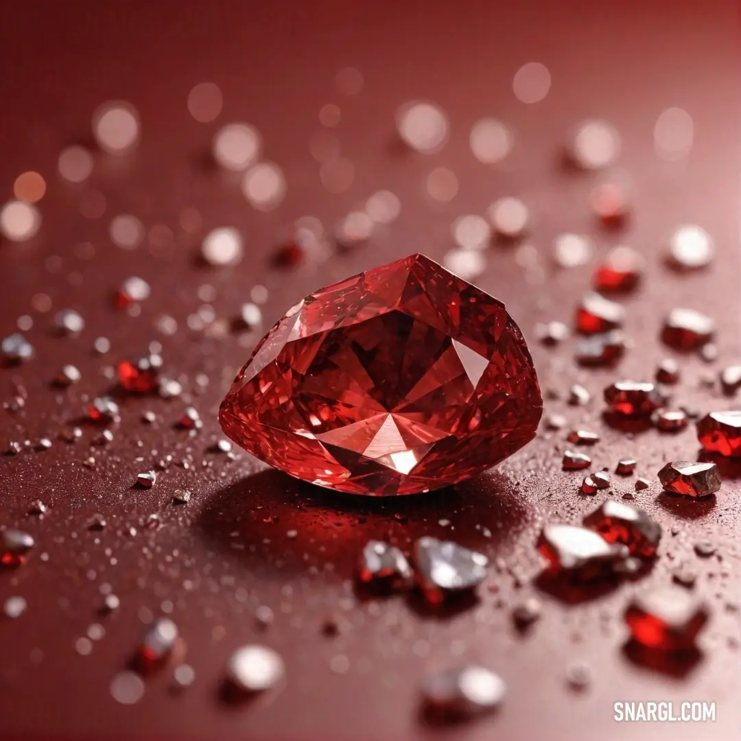 A stunning red diamond sits on a red surface, surrounded by delicate water droplets that glisten in the light. The vivid crimson hue creates a striking contrast with the smooth texture of the surface, adding a touch of elegance and richness to the composi