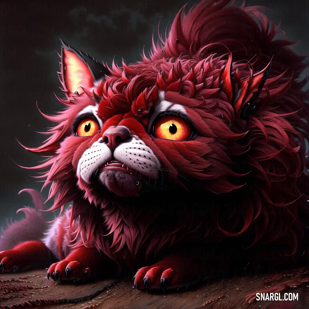 Red furry cat with orange eyes on a table with a dark background and a full moon in the sky