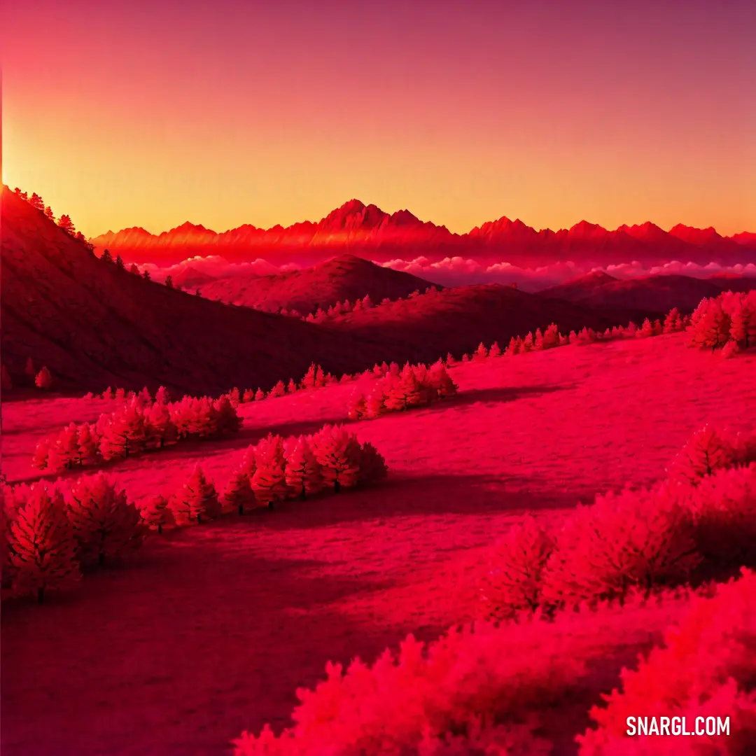 Red landscape with a mountain range in the background and a pink sky in the foreground with a red and yellow sunset