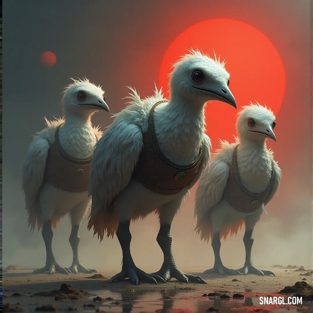 Three whimsical birds adorned with saddles flutter joyfully against a magnificent red sun backdrop, creating a spirited scene that embodies adventure and imagination.