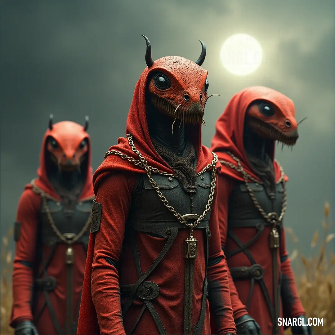 Three playful figures in vibrant red costumes with striking horns create an electrifying atmosphere, exuding energy and charisma while engaging with their colorful surroundings.