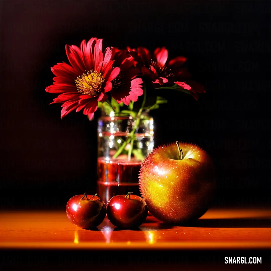 Vase of flowers and apples on a table with a vase of flowers in the background