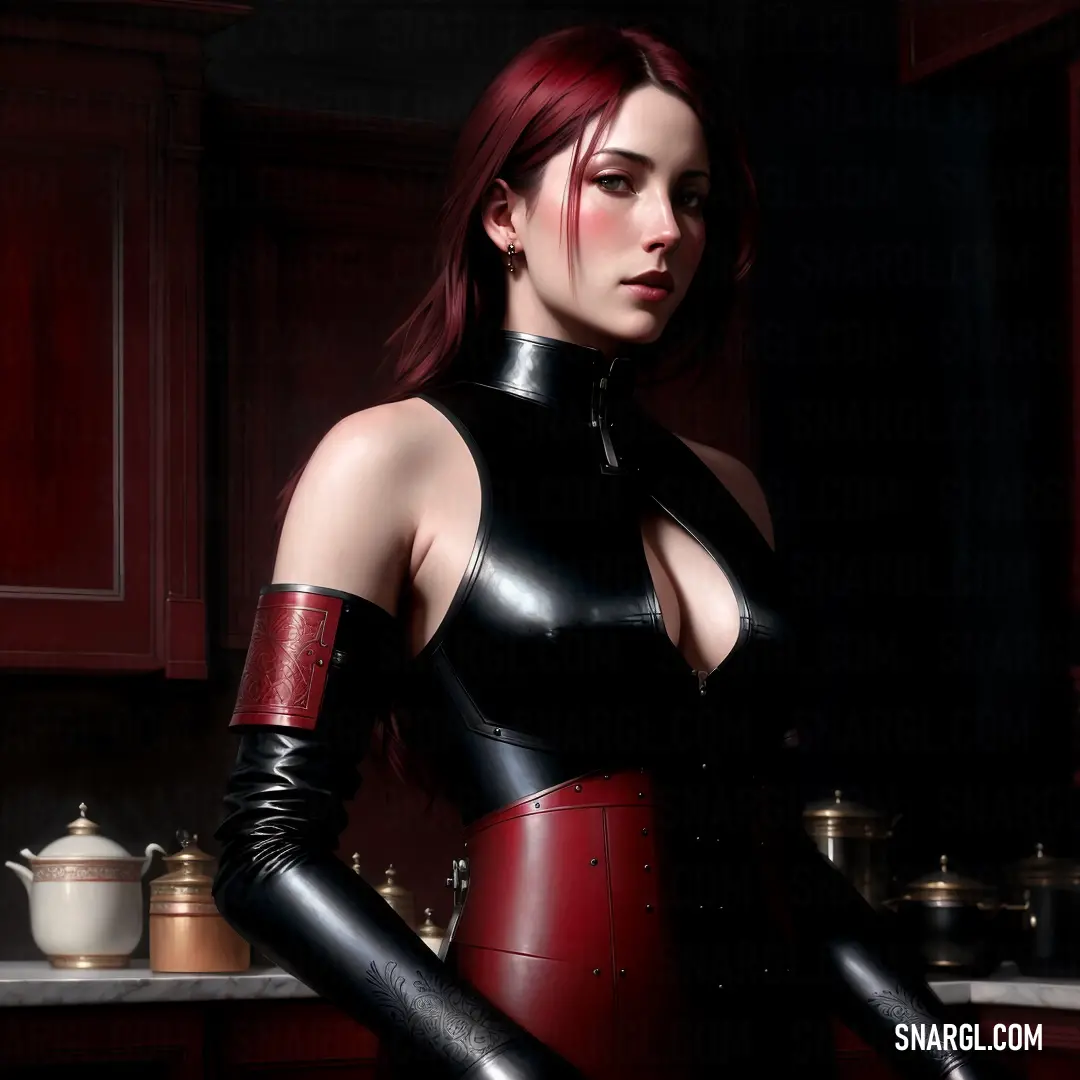 Woman in a leather outfit standing in a kitchen with a knife in her hand and a teapot in the background