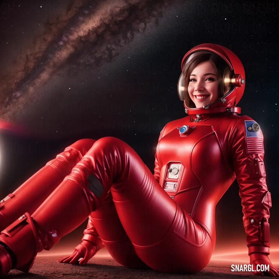 Woman in a red space suit on the ground with a bright light in the background