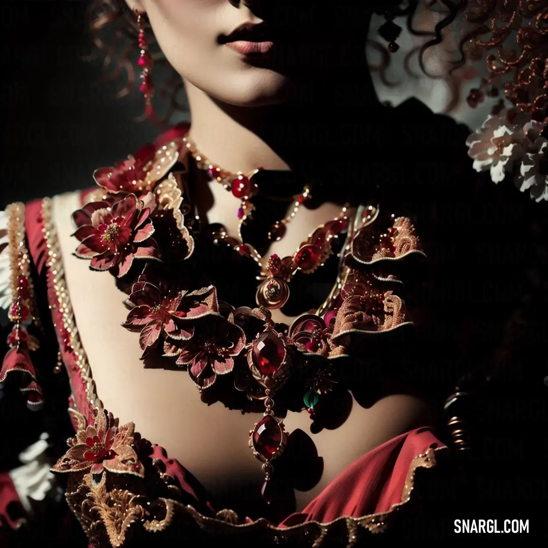 Woman wearing a red dress and a necklace with flowers on it's neck and a large diamond necklace