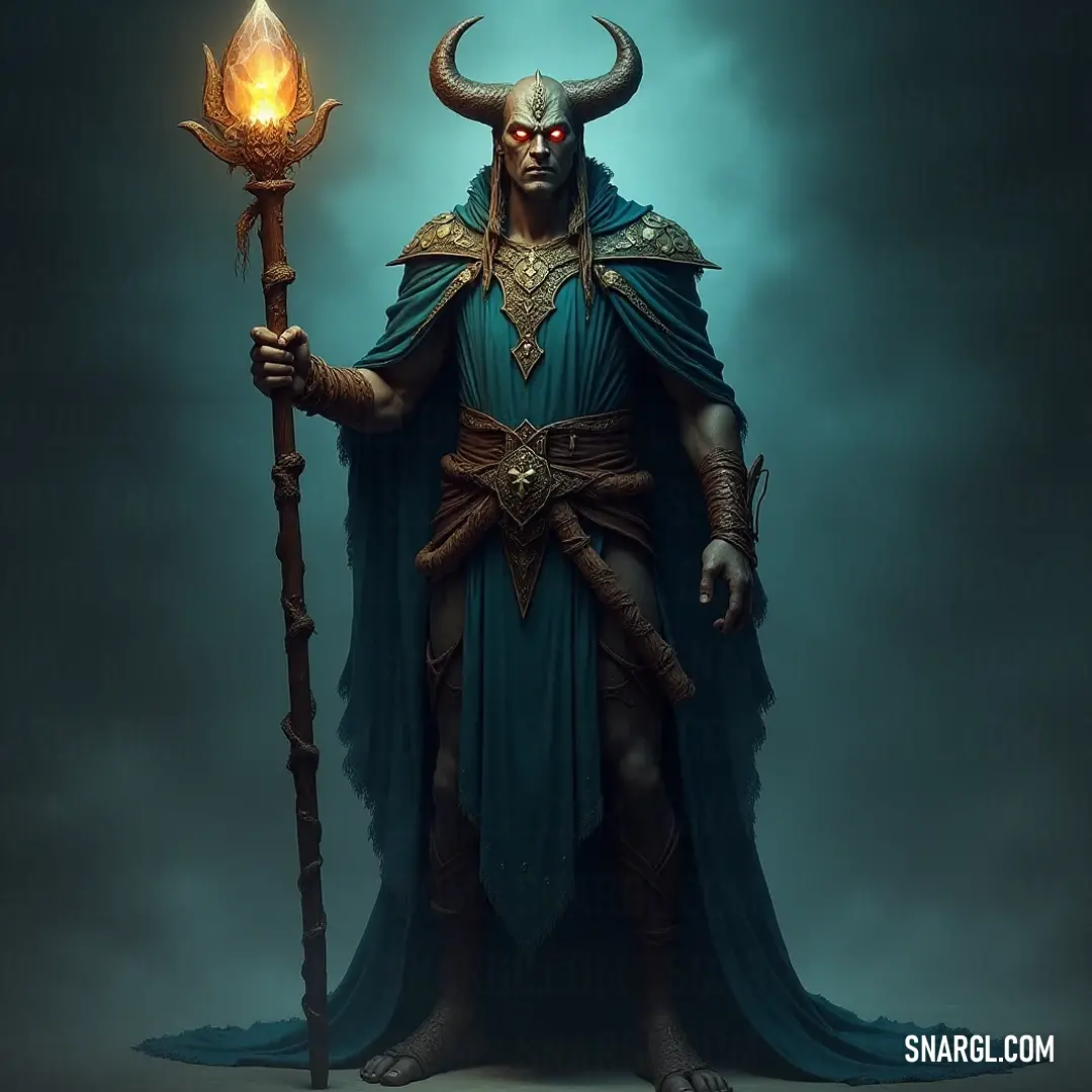 A dynamic character in a striking blue ensemble holds a blazing torch alongside a horned head, poised for an epic journey filled with peril and discovery. Dressed in a vibrant blue outfit adorned with intricate details, a character holds a torch and a mysterious horned head, standing with a confident stance against a dramatic backdrop of adventure.