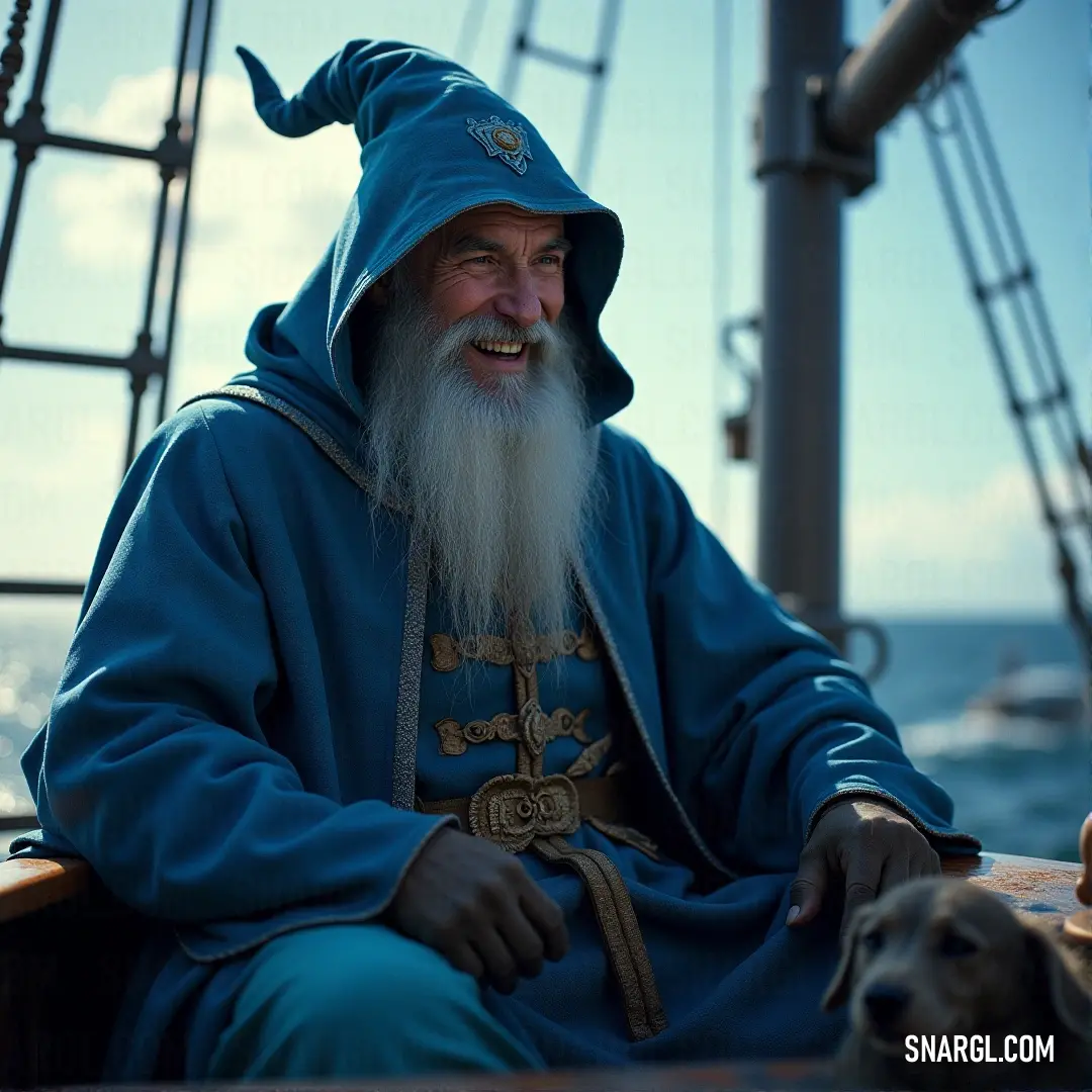 Allanon with a beard, wearing a blue outfit, calmly sitting on a boat with a loyal dog beside him as they drift across peaceful waters. Allanon, with a long beard and dressed in a blue outfit, stands confidently on a boat. A dog sits calmly at his feet, while the tranquil water and distant horizon provide a peaceful backdrop to their journey.