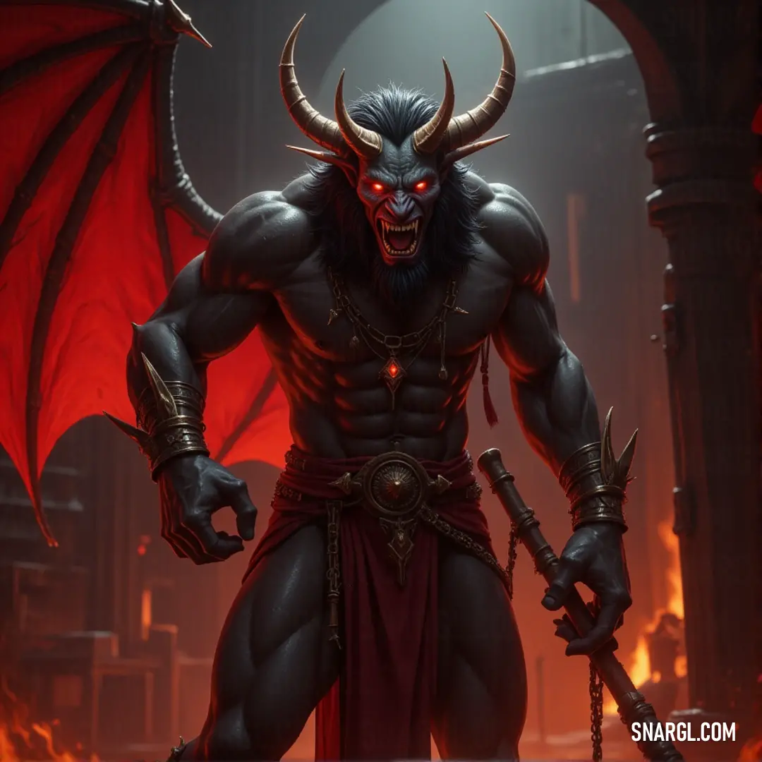 Demonic Alloces, with horns and a sword in hand, stands as a formidable force of darkness and power. Demonic Alloces, towering with horns and a mighty sword, stands strong, radiating an aura of pure power. His figure looms in the shadows, ready to defend or strike, his presence one of great authority.
