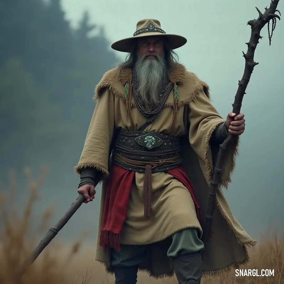 Alm, adorned in a weathered hat and coat, stands firmly holding a sturdy staff, his long beard embodying experiences of countless journeys. His resolved expression speaks volumes as he prepares for the challenges that await him in the wild world. Alm, a formidable figure with a long beard, stands with purpose. Clad in a rugged coat and hat, he holds a sturdy stick that hints at a life of adventures. His watchful gaze and grounded stance convey the wisdom of experience as he prepares to face the un