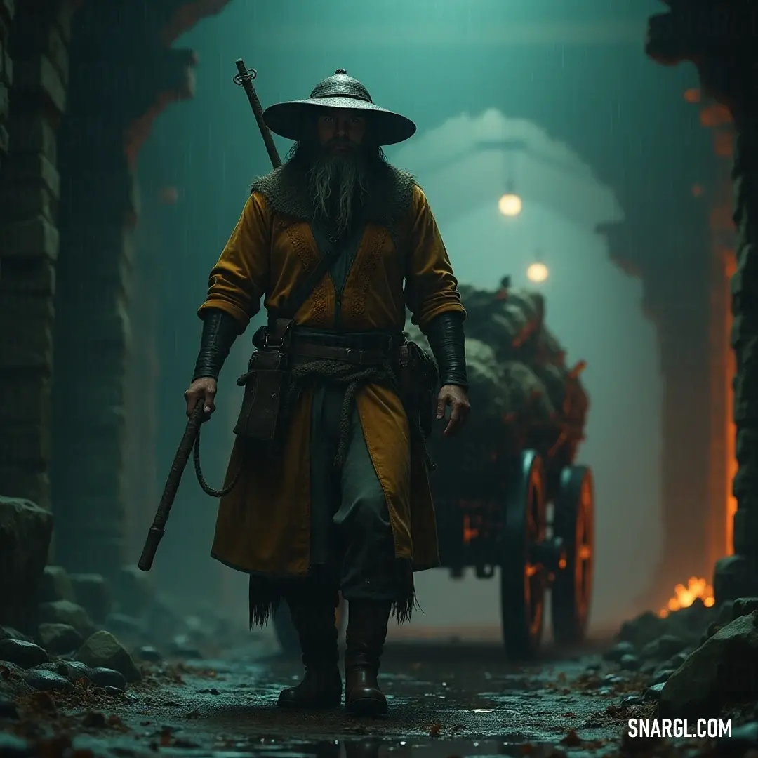 A brave figure in a striking yellow coat and matching hat strides purposefully down a bustling street, clutching a gun, with the silhouette of a horse-drawn carriage gliding behind, hinting at an adventurous tale in a vibrant urban setting.