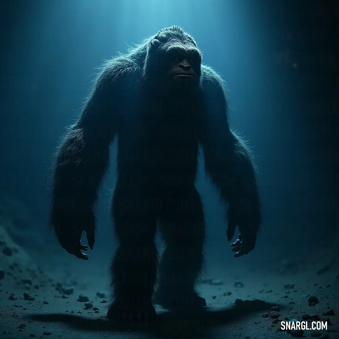 Bigfoot, shrouded in darkness and mystery, steps into an illuminating light, showcasing its powerful build and cryptic nature, sparking intrigue about the secrets of the forest. In a dimly lit atmosphere, Bigfoot emerges from the shadows, illuminated by a soft beam of light that highlights its rugged features, inviting curiosity into the realm of the unknown.