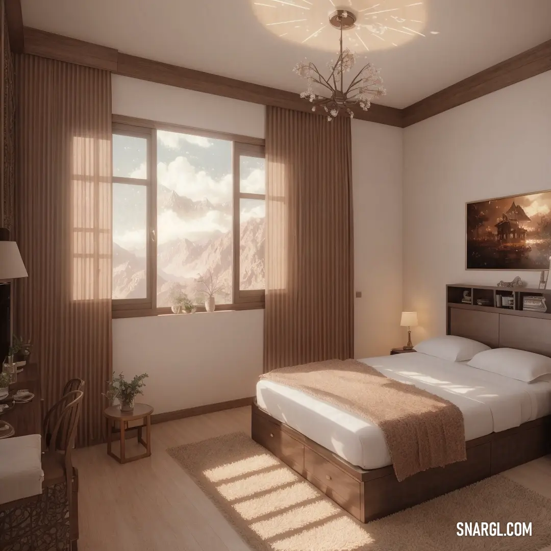 Bedroom with a large bed and a window with a view of mountains outside of it and a chandelier hanging from the ceiling