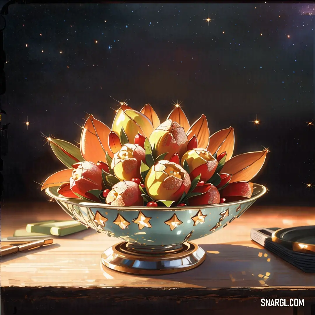 Bowl of flowers on a table with a star decoration on it and a plate of food in the background