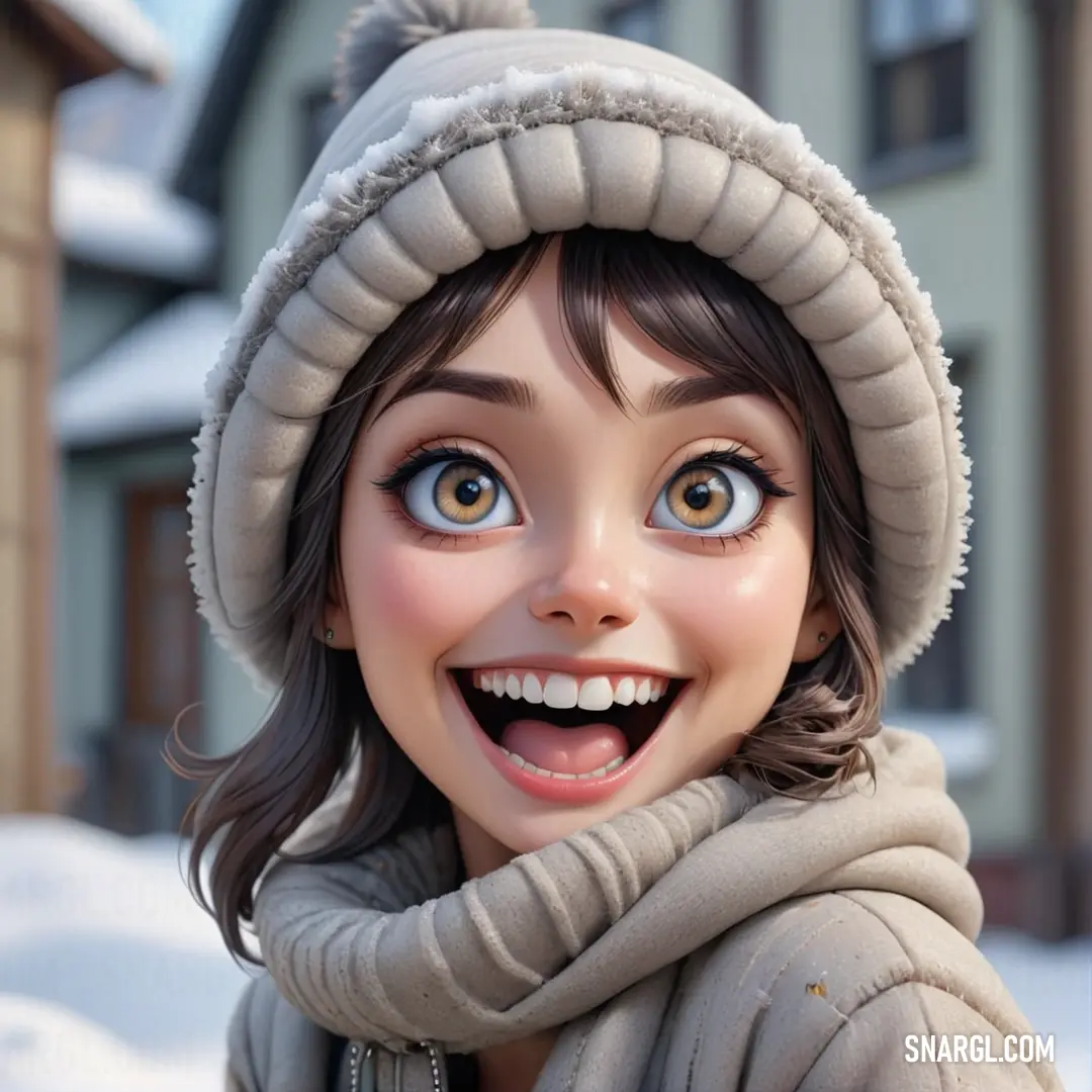 Cartoon girl with a hat and scarf on smiling at the camera with a house in the background