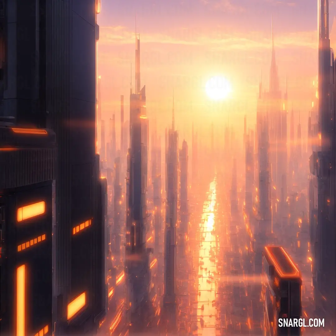 City with a lot of tall buildings and a sunset in the background with a bright yellow light shining on the city
