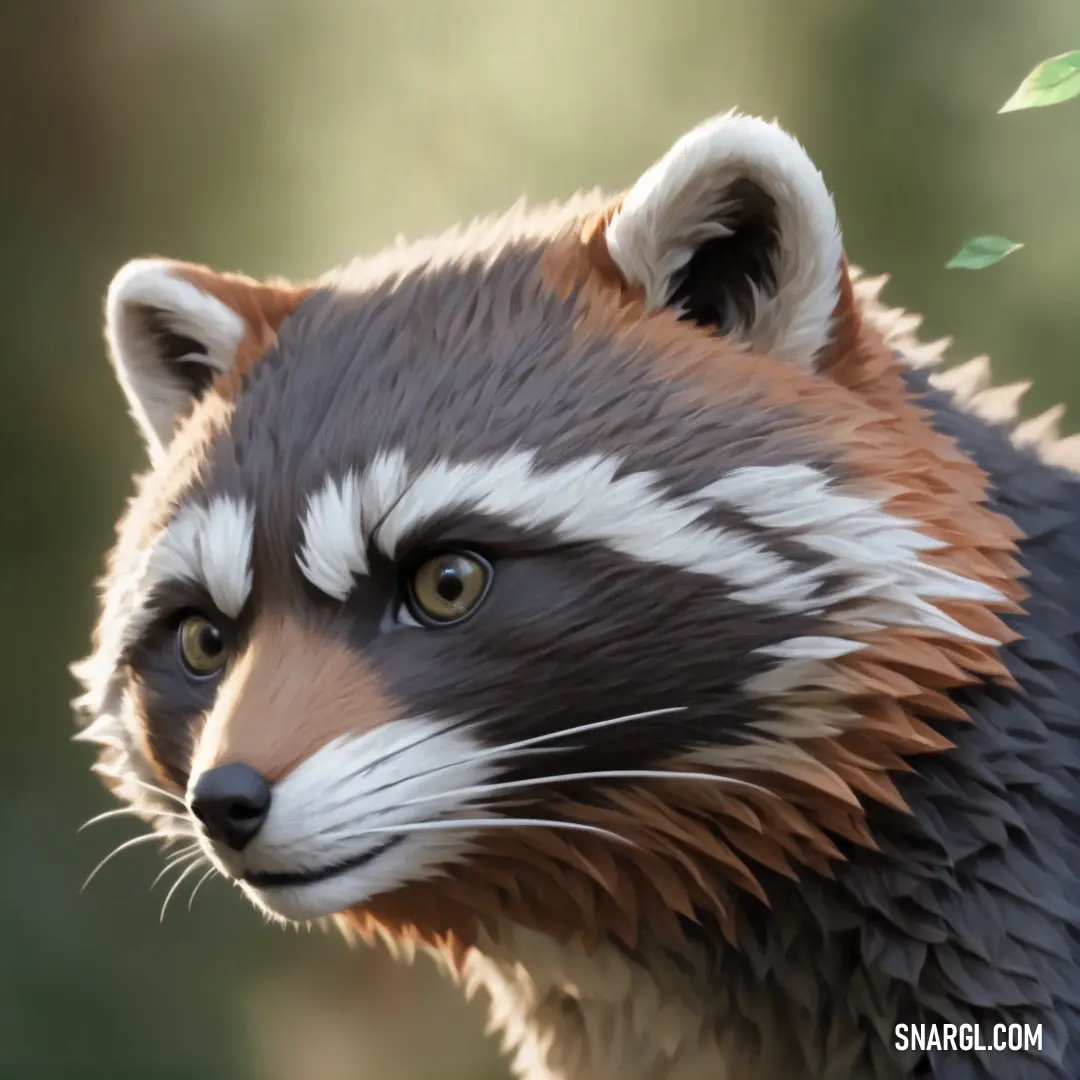 Close up of a raccoon with a blurry background of trees and bushes