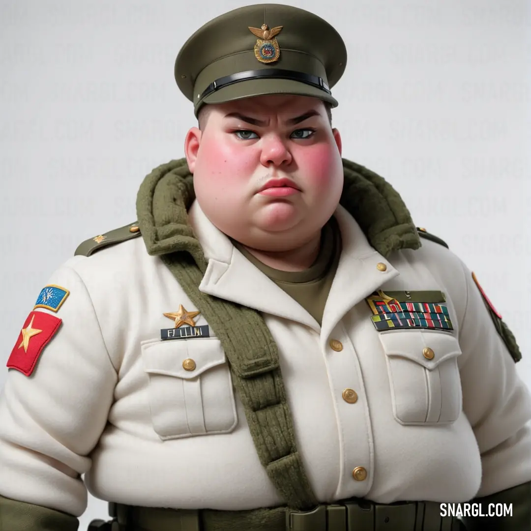 Fat man in a military uniform making a face with his hands and nose wide open. Example of #EFDECD color.