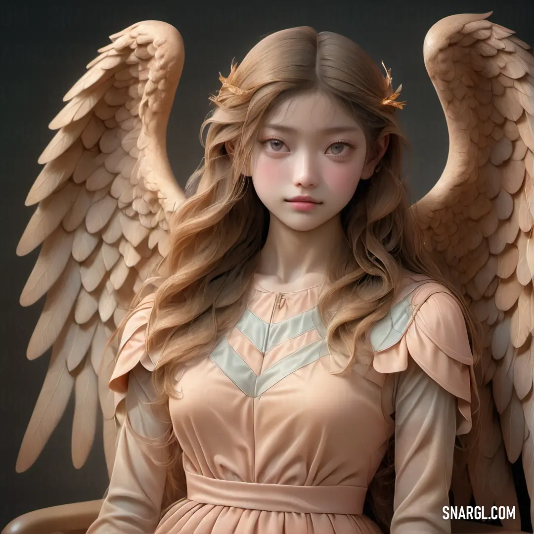 Girl with long hair and a dress with wings on her head and shoulders. Example of RGB 239,222,205 color.