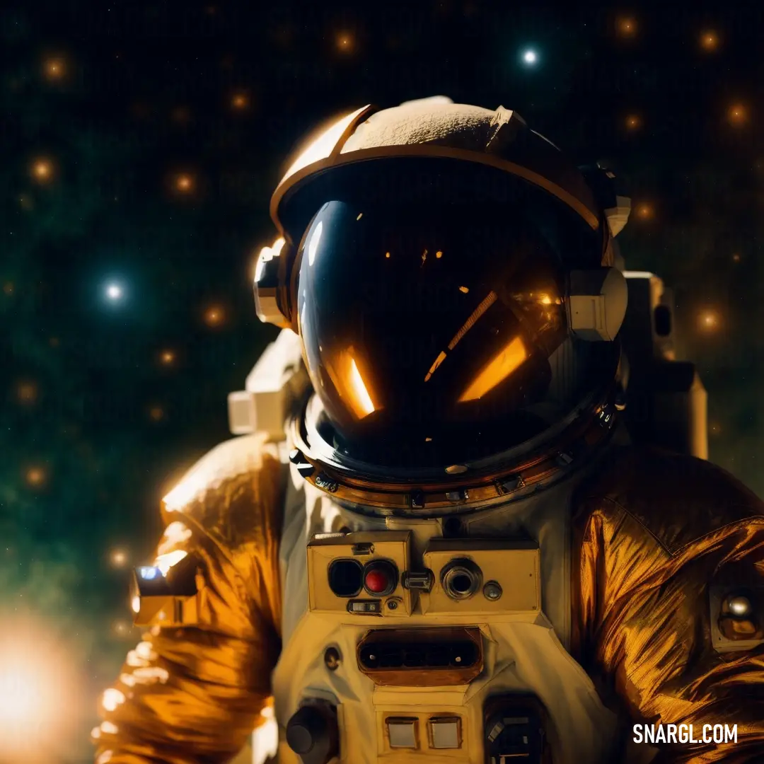 Man in a space suit standing in front of a star filled sky with stars in the background and a bright light shining on the space