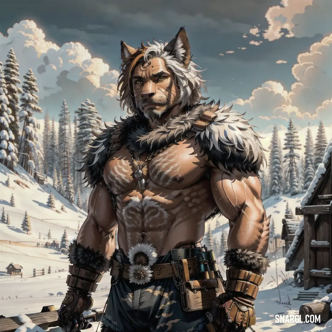 Man with a furry face and a beard in a snowy landscape with a cabin in the background and a wolf like costume