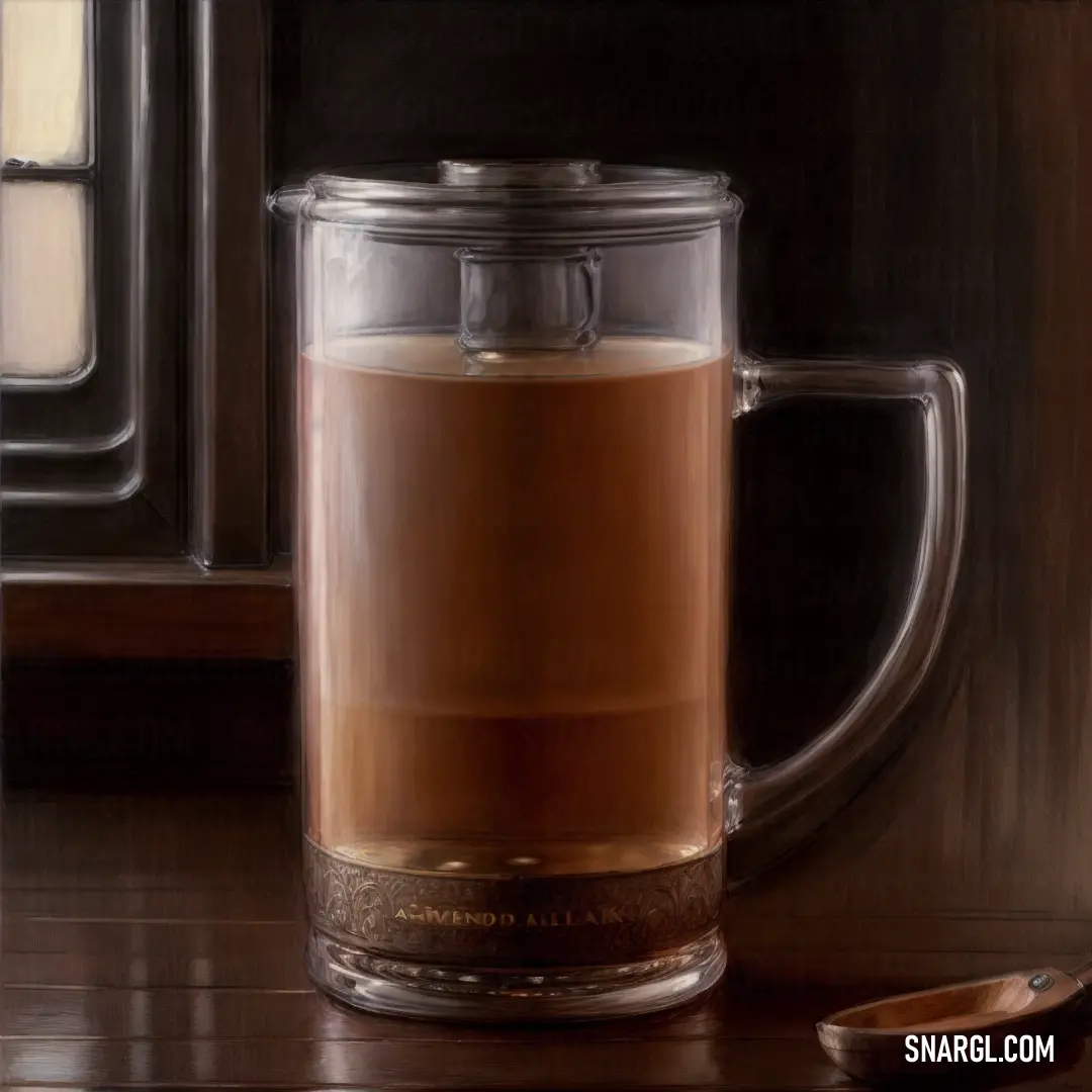 Painting of a glass mug with a spoon on a table next to it and a window behind it
