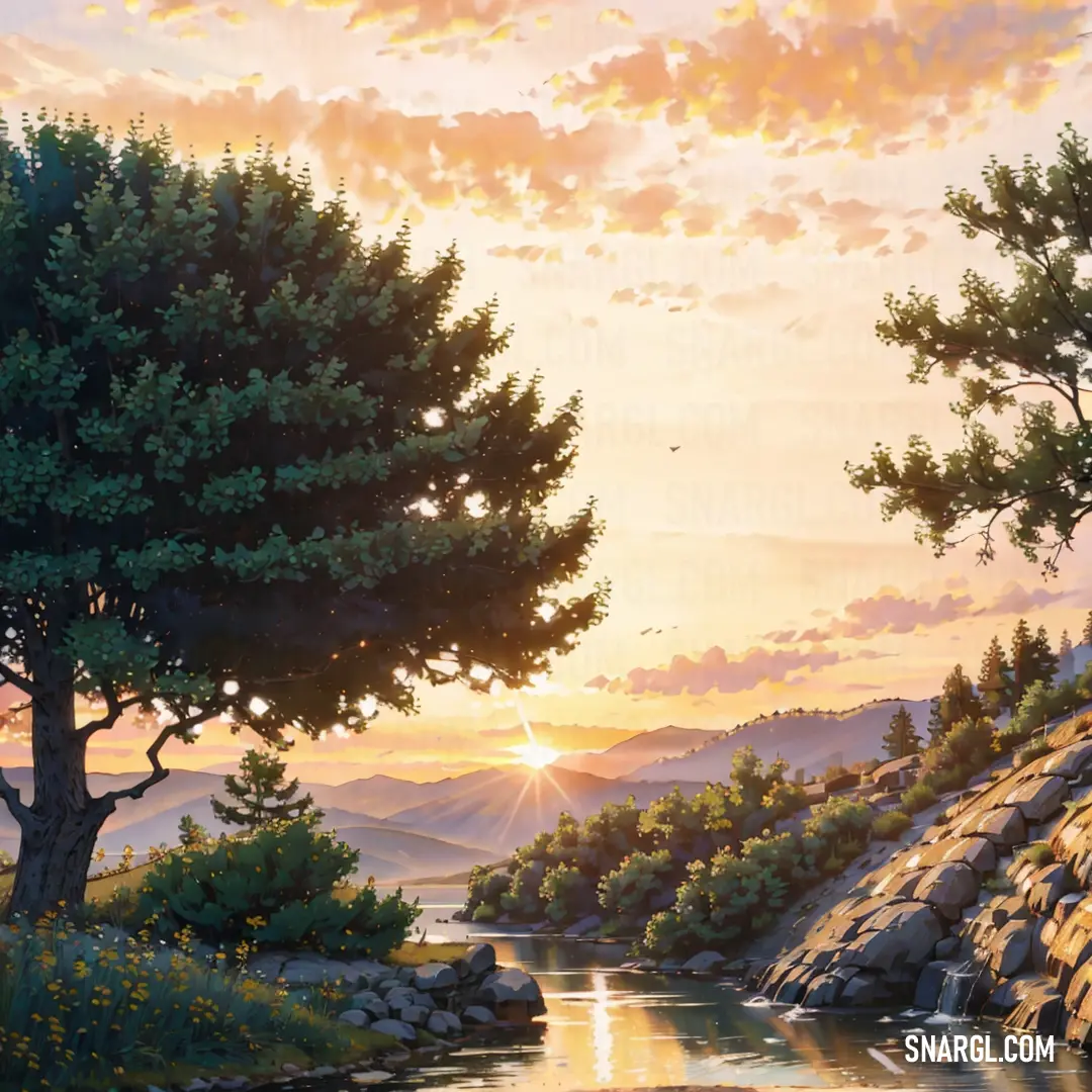Painting of a river running through a forest at sunset with a sun setting in the distance and a tree in the foreground
