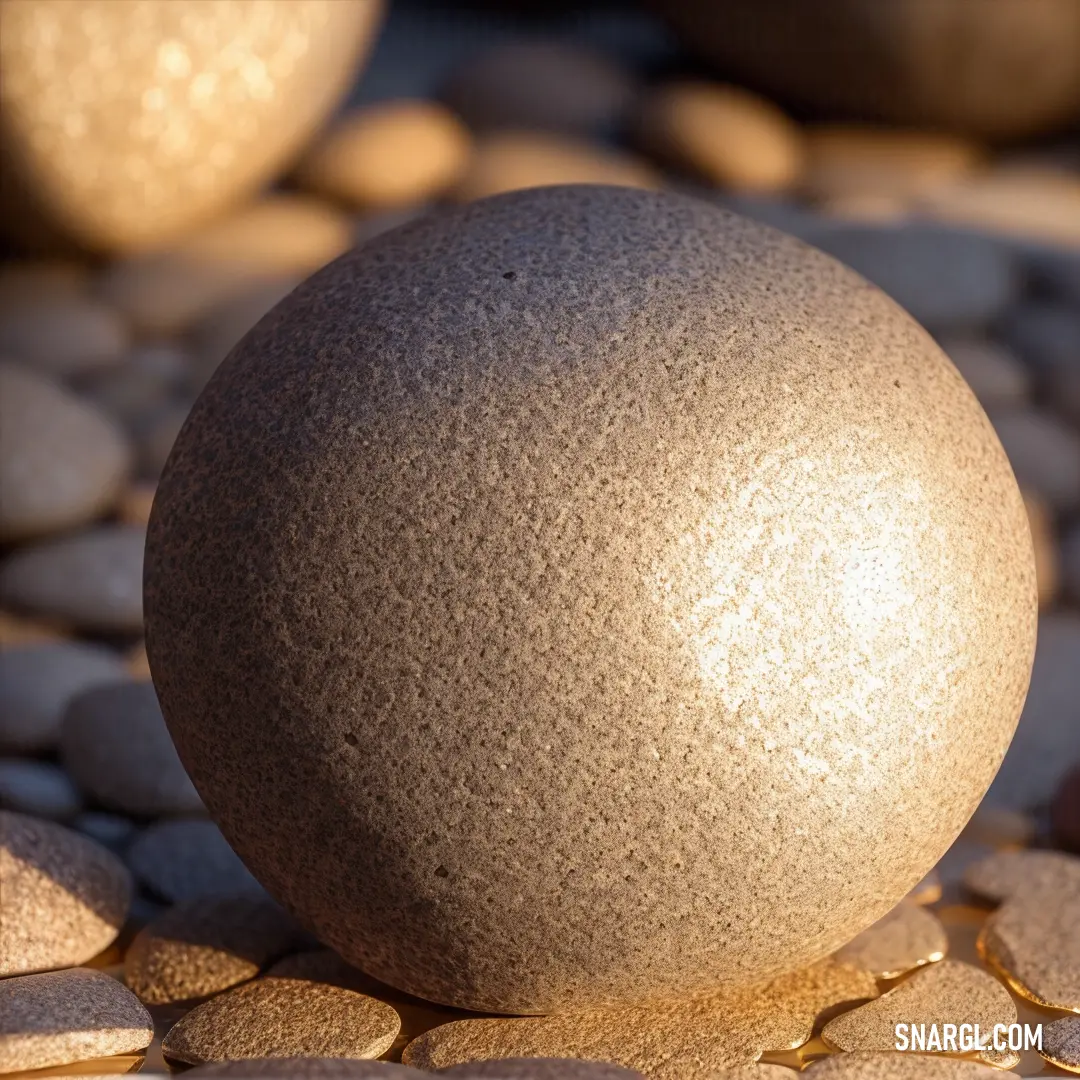 Stone ball on top of a pile of rocks next to a rock wall and a stone floor