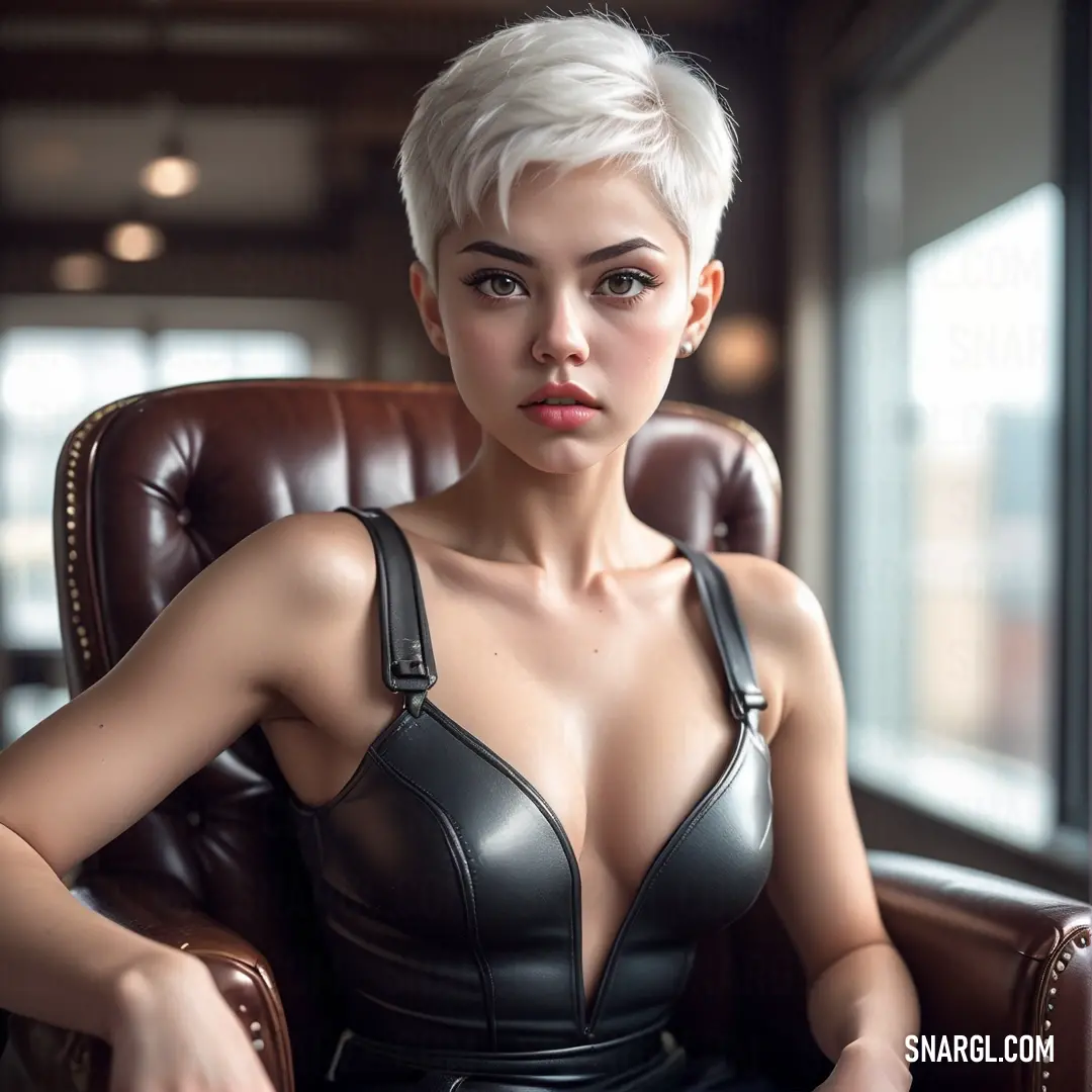 Woman in a leather outfit in a chair with her hands on her hips and looking at the camera. Color Almond.