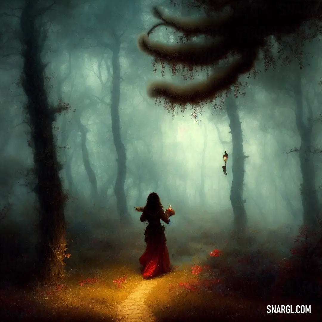 Woman in a red dress walking through a forest with a bird flying overhead in the sky above her