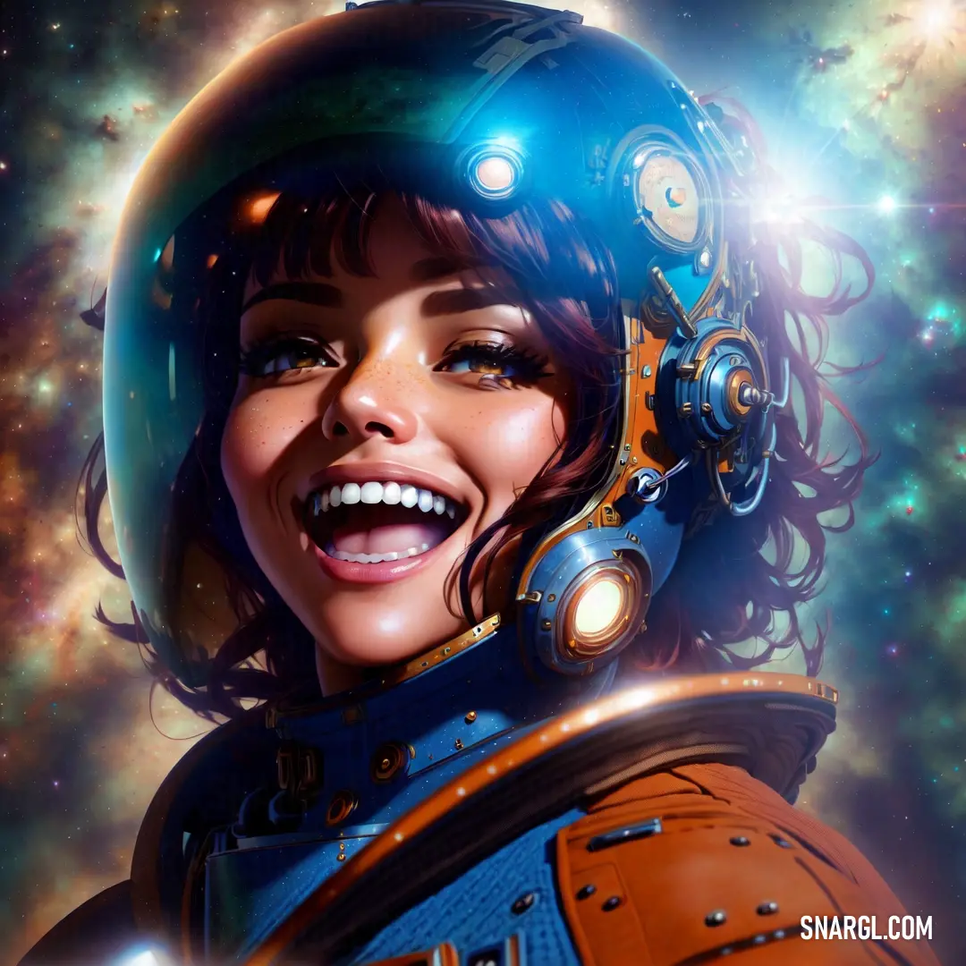 Woman in a space suit with a helmet on her head and a smile on her face