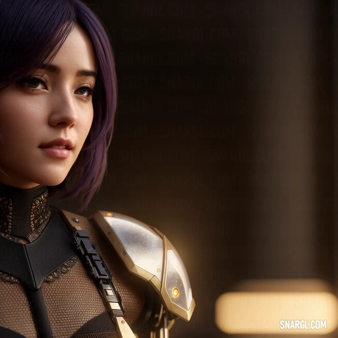 Woman with purple hair and a futuristic outfit with a sci - fi