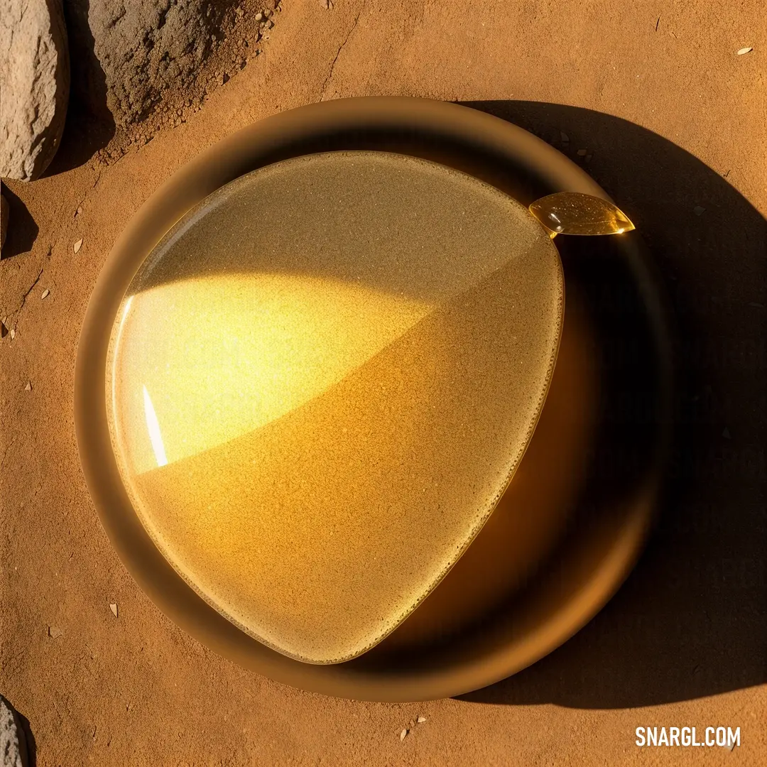 Yellow bowl on top of a rock covered ground next to a rock wall and a yellow spoon