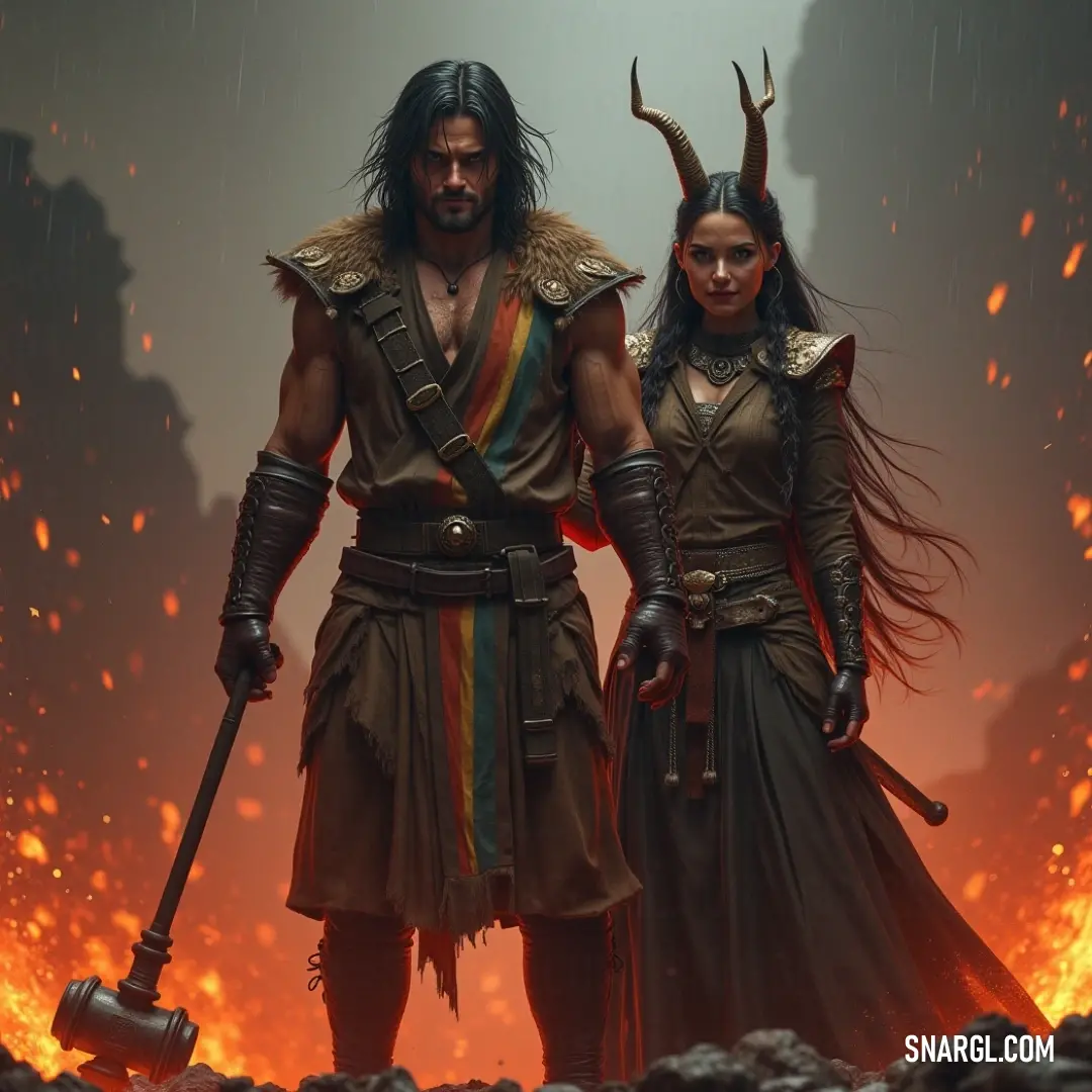A duo stands confidently side by side, enveloped by an intense fire-lit ambiance that highlights their silhouettes against a backdrop of swirling flames and glowing embers, creating an atmosphere of passion and adventure.
