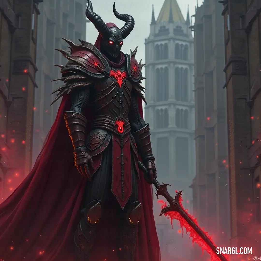 A captivating portrayal of a heroic character in a striking red cape and black armor, poised with a sword in front of a majestic castle that whispers stories of bravery and valor. Before an ancient castle, a formidable figure clad in a striking red cape and sleek black armor brandishes a sword, showcasing a commanding presence that speaks of valor, mystery, and legendary tales waiting to unfold.