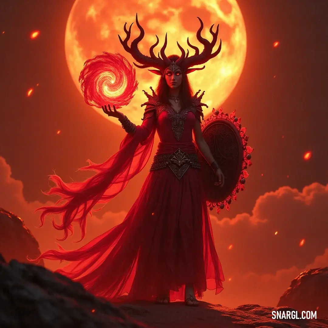 Alocer, draped in a vibrant red dress, joyfully grips a red lollipop while standing under a stunning full moon, embodying a blend of innocence and mischief bathed in soft, silver light. Alocer, dressed in an enchanting red gown, holds a bright red lollipop, radiating joy and mischief, as she stands beneath the luminous glow of a full moon that casts a magical aura over her whimsical demeanor.