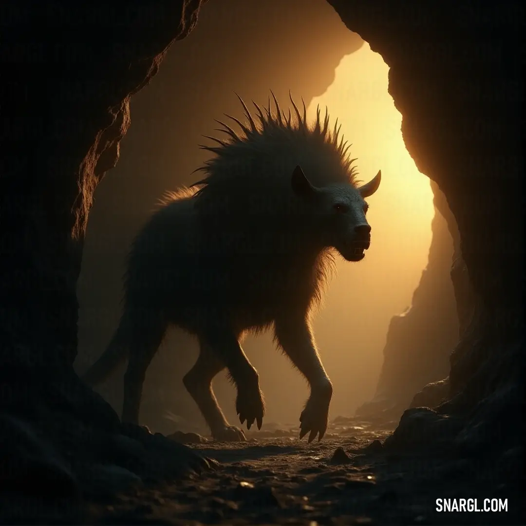 The Alpha Chupacabra, covered in thick, wild fur, strides through a cave at twilight, with windswept fur and its eyes closed in a moment of calm. The setting sun casts an otherworldly glow on its powerful form.