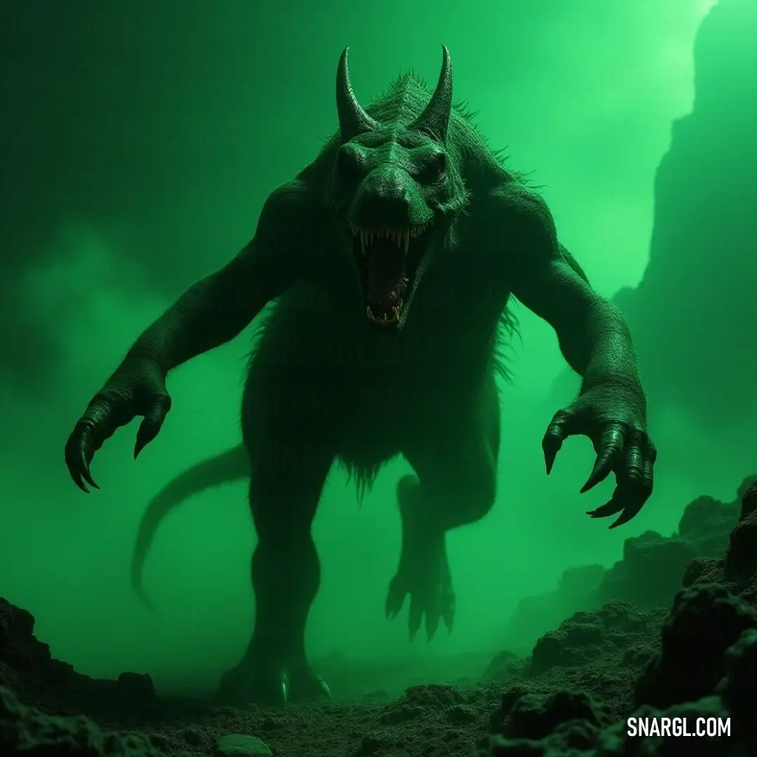 The Alpha Chupacabra with glowing fangs moves stealthily through a rocky cave, its eyes piercing the darkness in a sinister green-lit world. A fearsome Alpha Chupacabra with large, sharp teeth and glowing fangs emerges from the shadows of a rocky cave, its eyes glowing in the dim light. The eerie green glow of the environment adds an ominous atmosphere to its predatory walk.