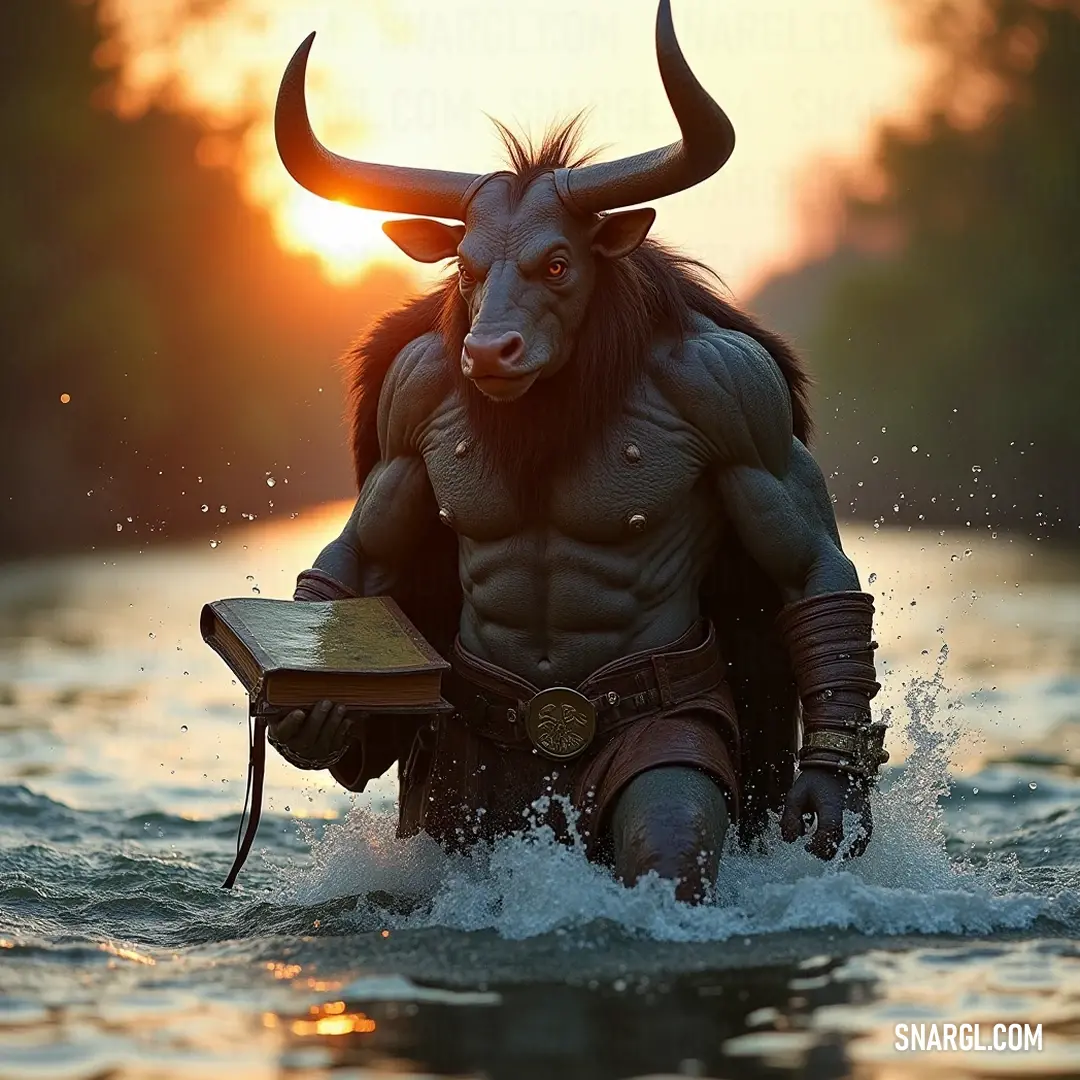 Altarion wades through water in an elaborate costume, cradling a horned creature upon his back and a wooden box in hand, adding layers of intrigue and mystery to this captivating scene.